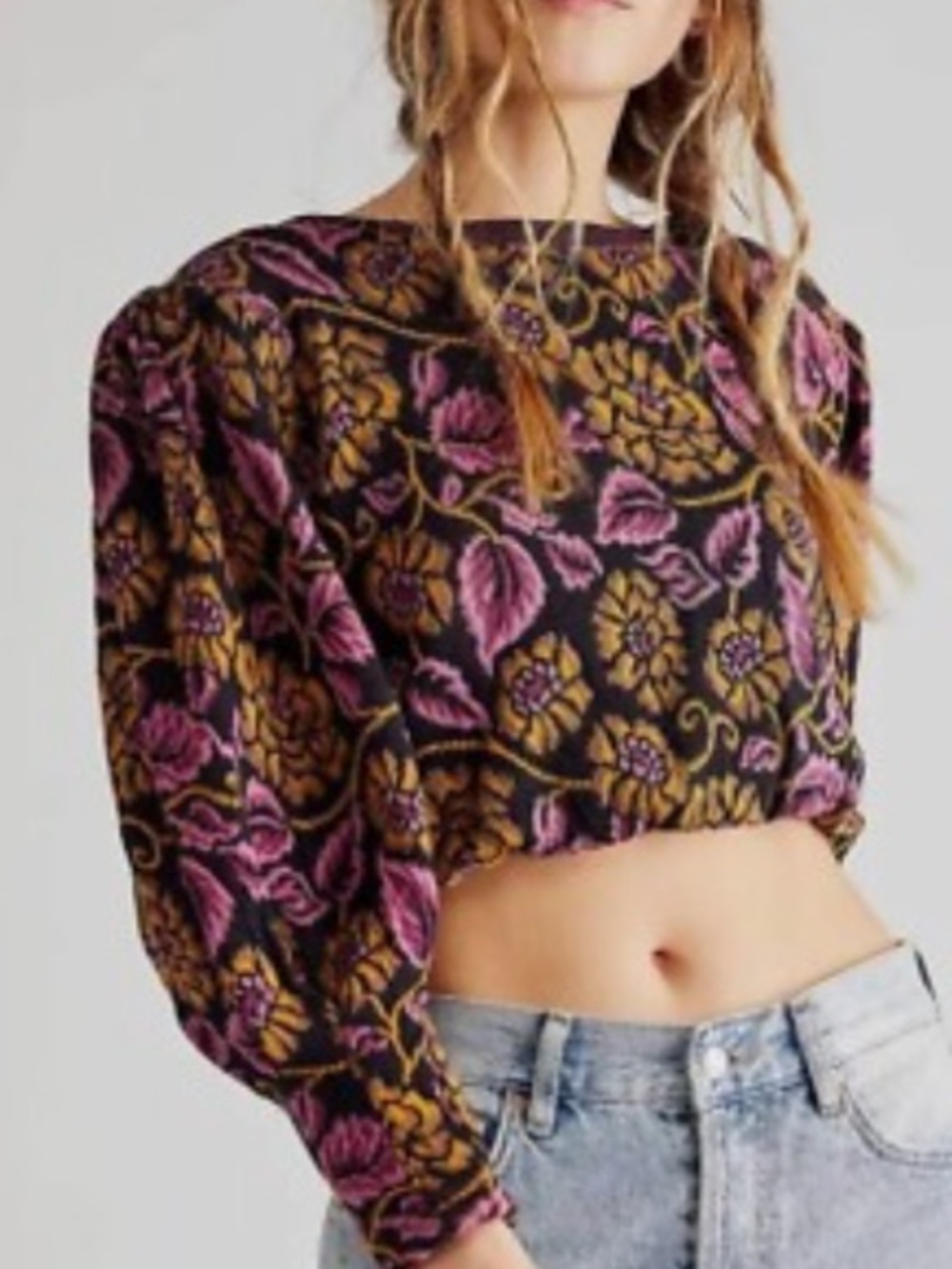 Free People No Ordinary Top Medium Purple Black Floral Puff Sleeve